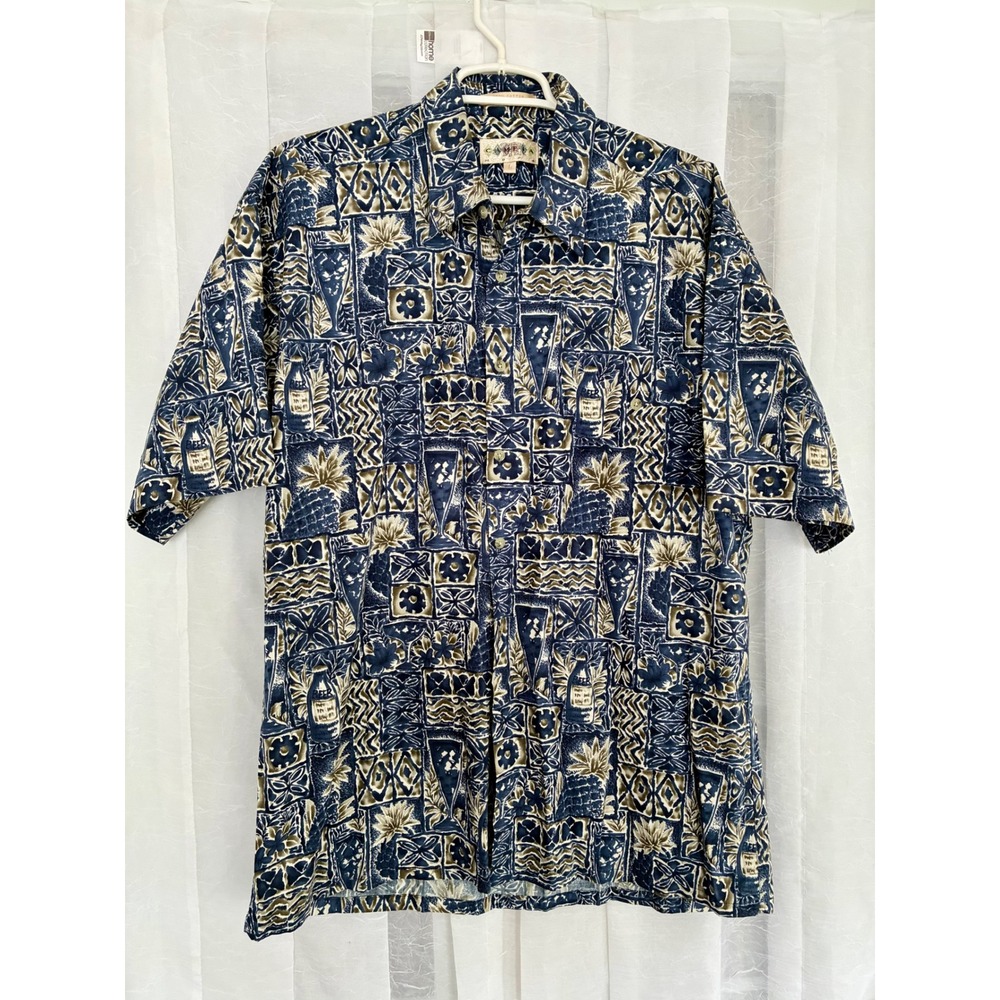 Campia Moda Mens Large Blue Cotton Beer Pineapple Tropical Button Down‎ Shirt